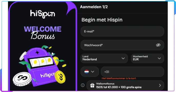 HiSpin Casino Registratie banner